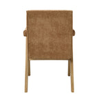 Back view of chocolate chenille dining armchair with padded arms and oak legs. Part of the 8-piece light oak dining set.