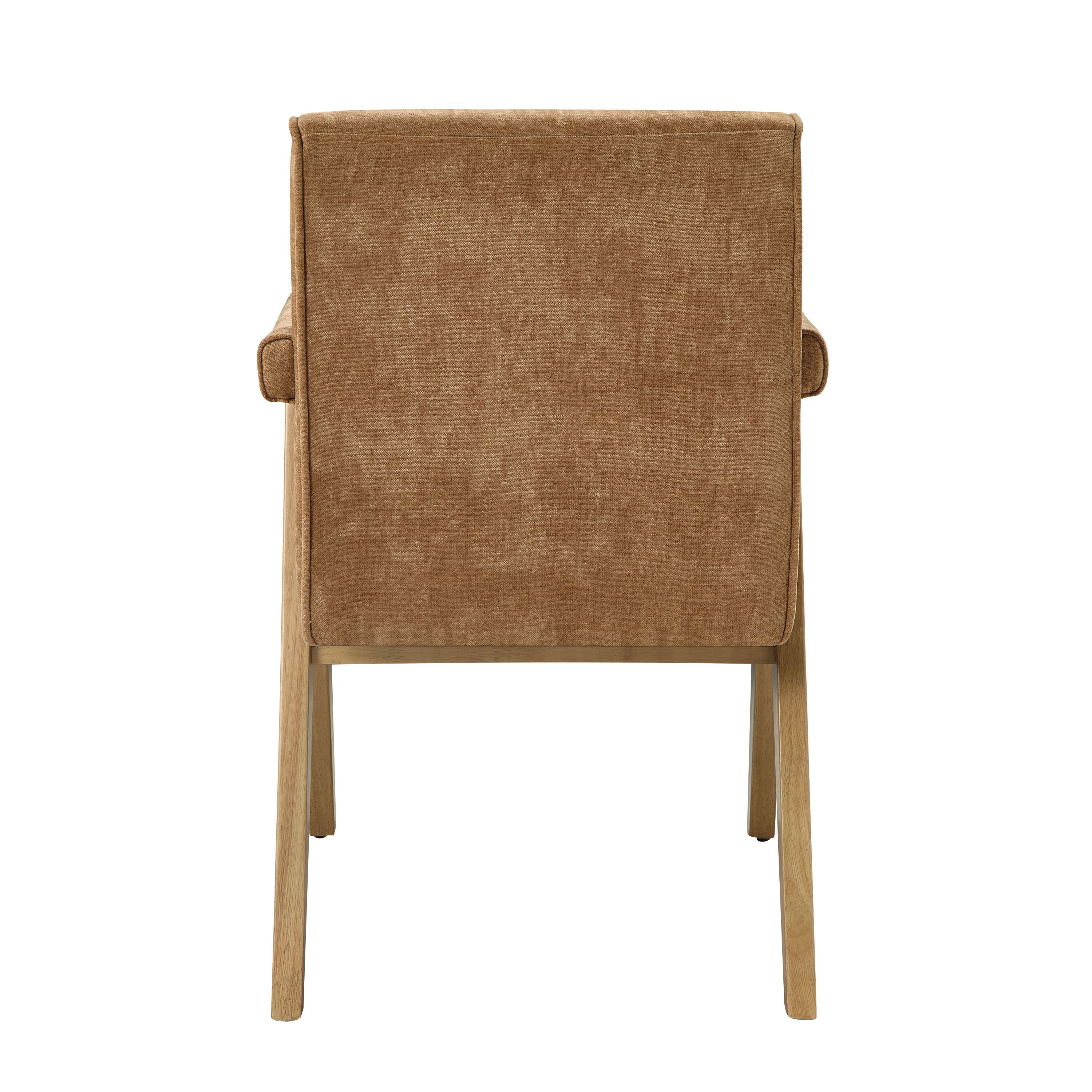 Back view of chocolate chenille dining armchair with padded arms and oak legs. Part of the 8-piece light oak dining set.