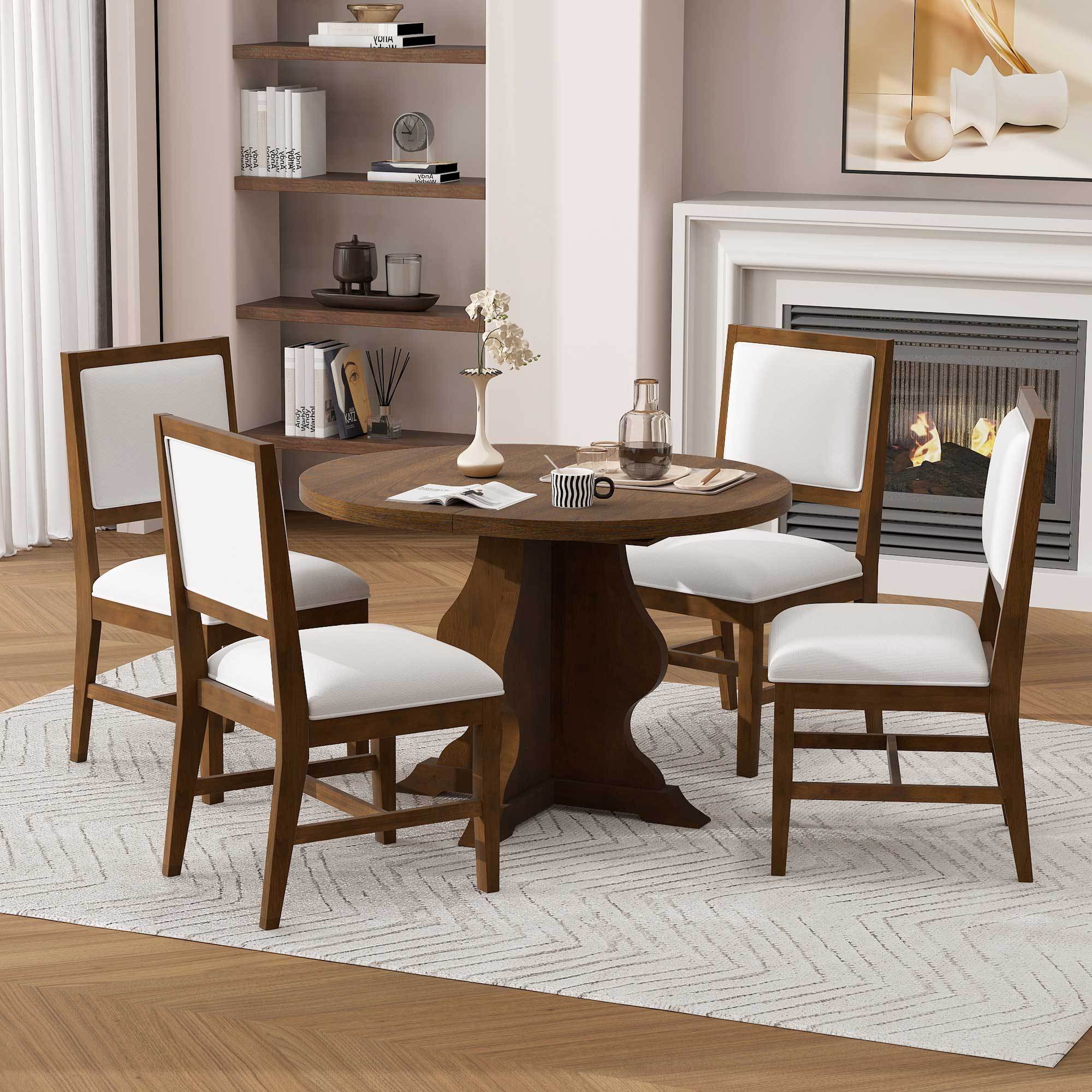 Farmhouse Dining Table Set shown in compact round form with four upholstered chairs, perfect for small dining areas with rustic charm.
