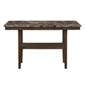 Brown bar table with a faux marble top, wooden frame, and a built-in lower storage shelf in a classic, sturdy design.