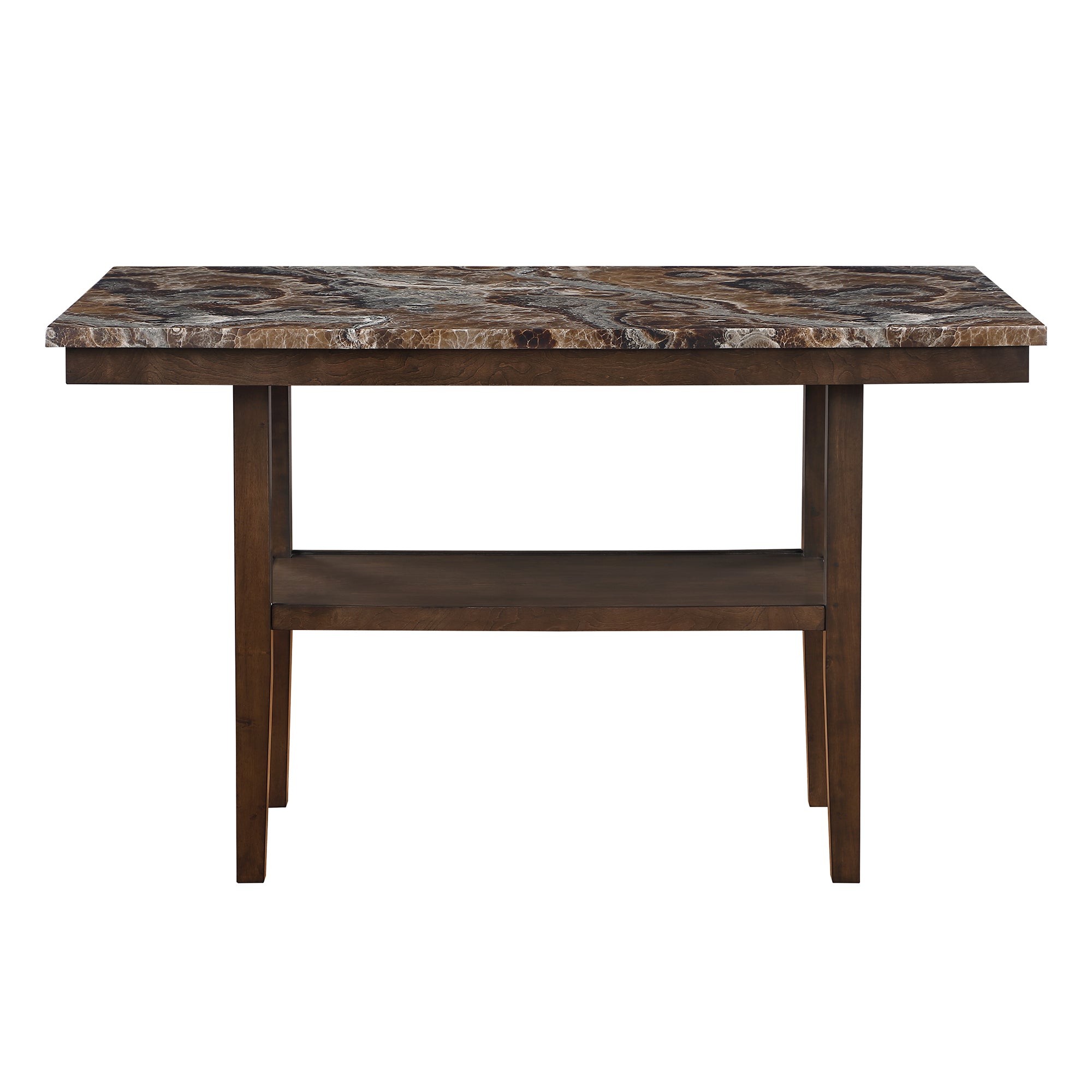 Brown bar table with a faux marble top, wooden frame, and a built-in lower storage shelf in a classic, sturdy design.