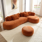 Oversized orange L-shape sectional sofa with ottoman in a sunlit room, offering deep seating and modern comfort.