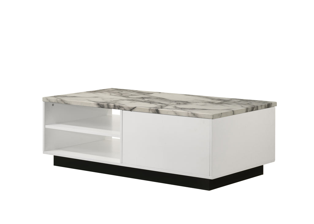 Rear angle of Matilda 47' White Marble Top Coffee Table showing clean white finish, faux marble top, and open shelving design.