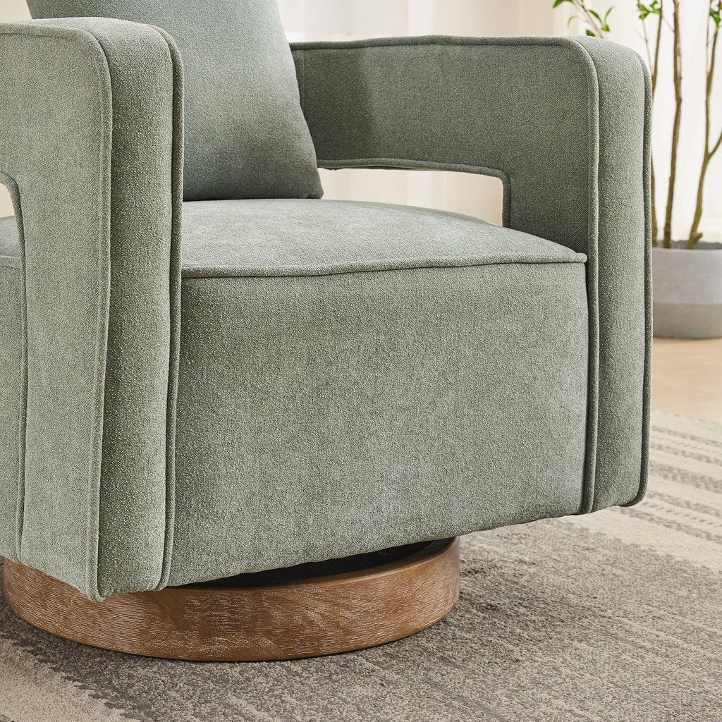 Detail of weathered wooden base and seat of Swivel Accent Chair Linen Blend, blending rustic charm with modern comfort.