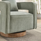 Detail of weathered wooden base and seat of Swivel Accent Chair Linen Blend, blending rustic charm with modern comfort.