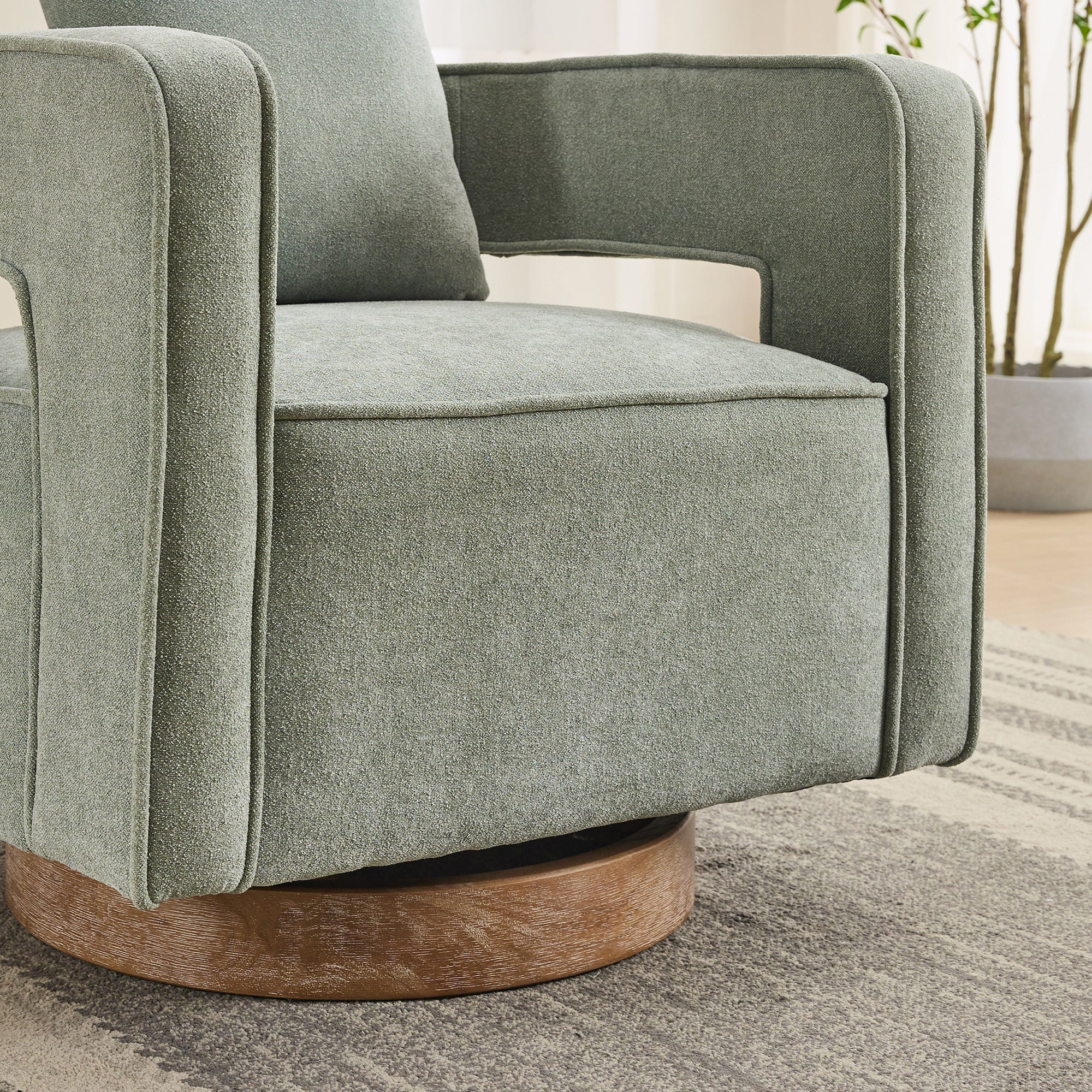 Detail of weathered wooden base and seat of Swivel Accent Chair Linen Blend, blending rustic charm with modern comfort.