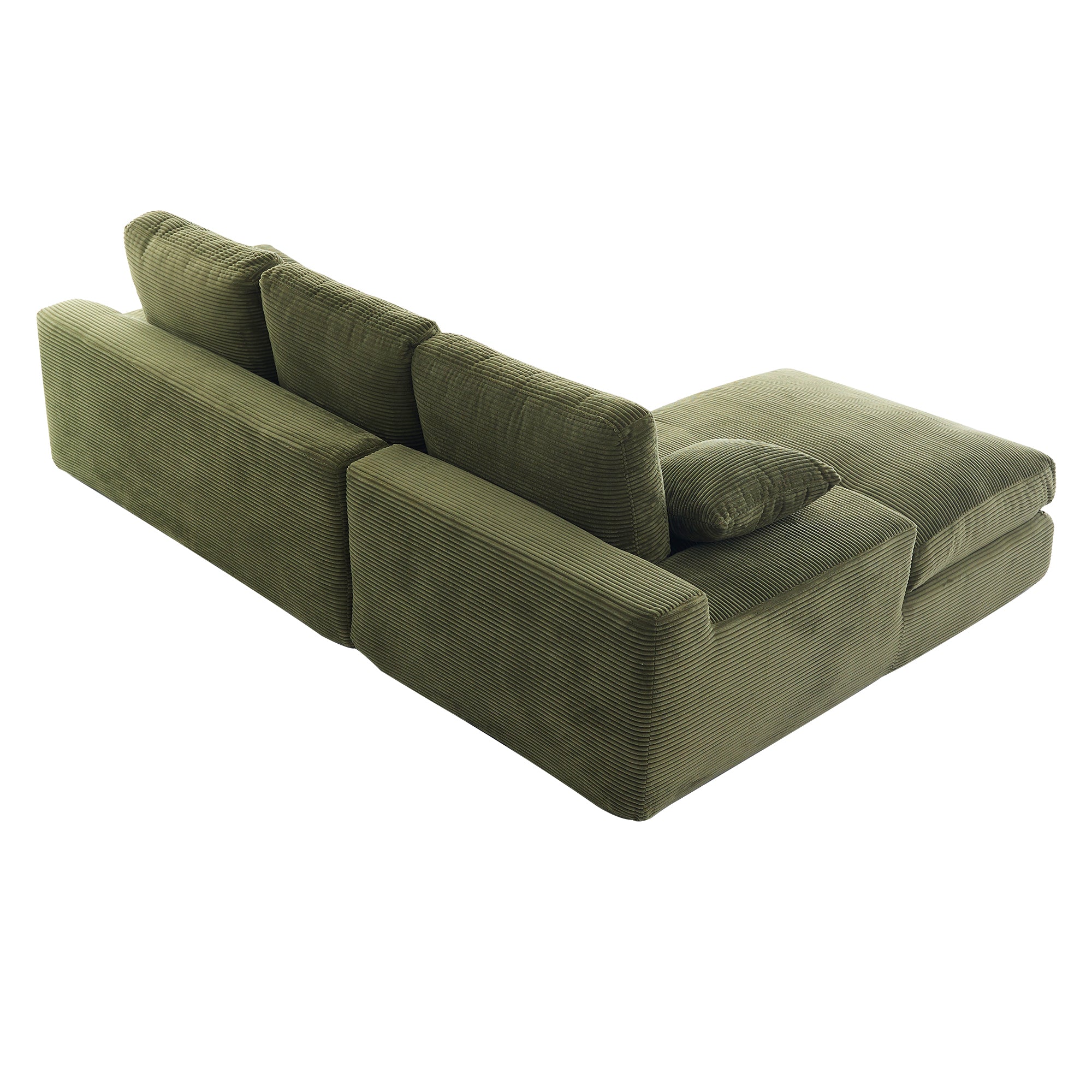 Rear angled view of green corduroy sofa with plush cushions and pillows, showcasing its compact and durable construction for home use.