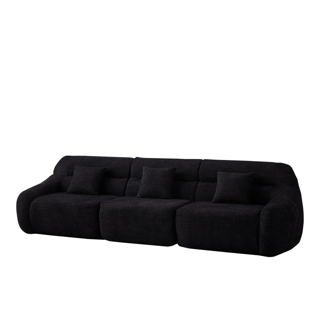 Side angle of Modern Black Modular Sofa - Luxury Chenille 4-Seater with curved 123.2-inch frame and plush seating.
