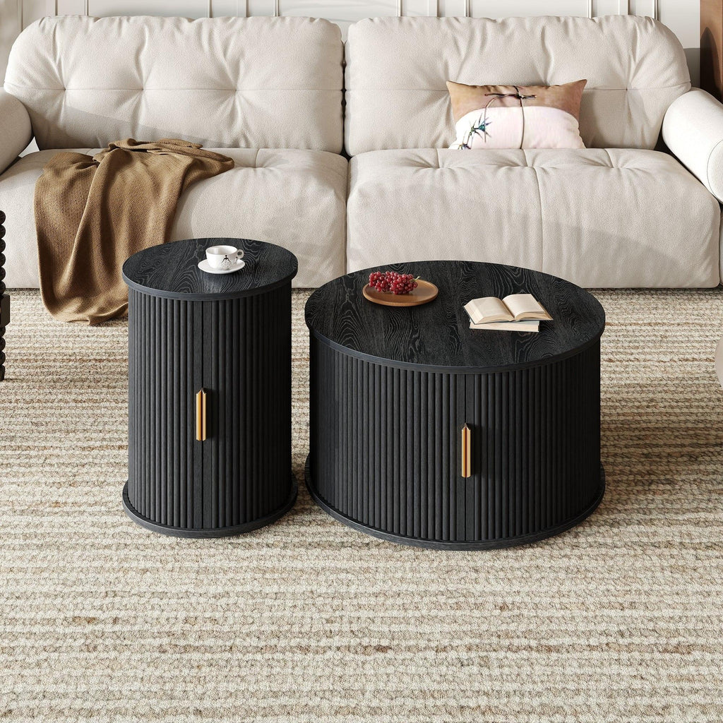 [Assembly Video] Mid-Century Coffee Table Set with Sliding Tambour Door, Round Fluted End Table With Storage, Golden Handle Tall & Low Side Table with Wooden Finish for Living Room, Set of Two, Black.