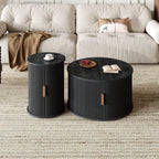 [Assembly Video] Mid-Century Coffee Table Set with Sliding Tambour Door, Round Fluted End Table With Storage, Golden Handle Tall & Low Side Table with Wooden Finish for Living Room, Set of Two, Black.