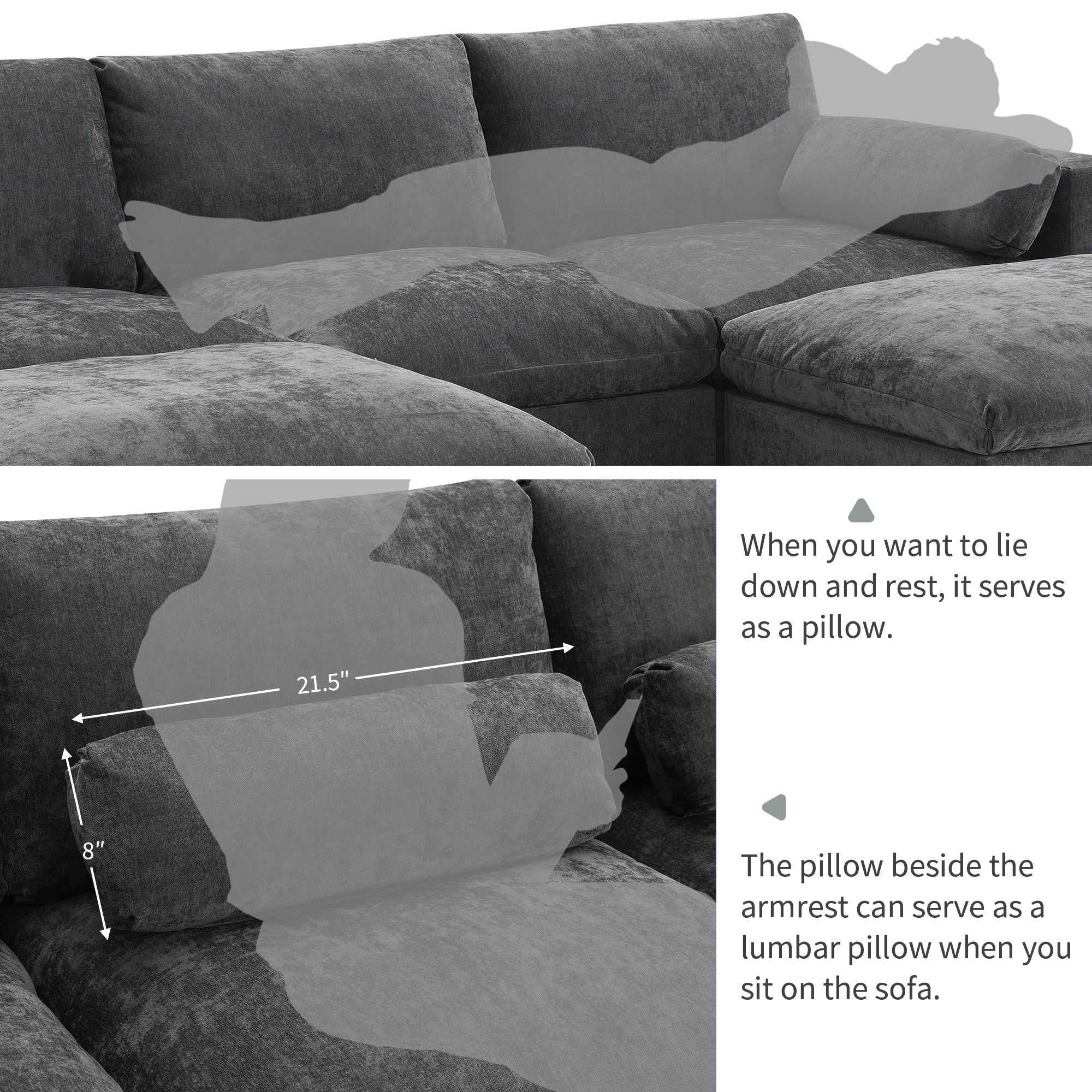 Chenille sectional sofa with reclining feature and lumbar pillow support, ideal for lounging or sitting comfortably in small spaces.