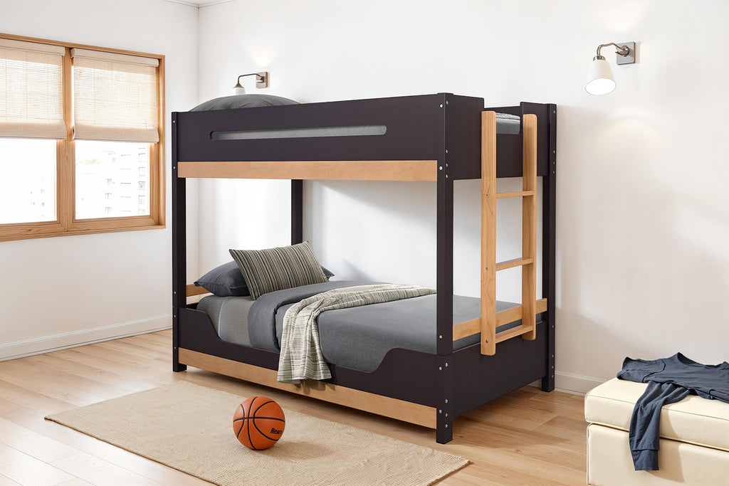 Contemporary Twin Bunk Bed with solid pine ladder and sleek black and natural wood design, perfect for space-saving bedroom setups.