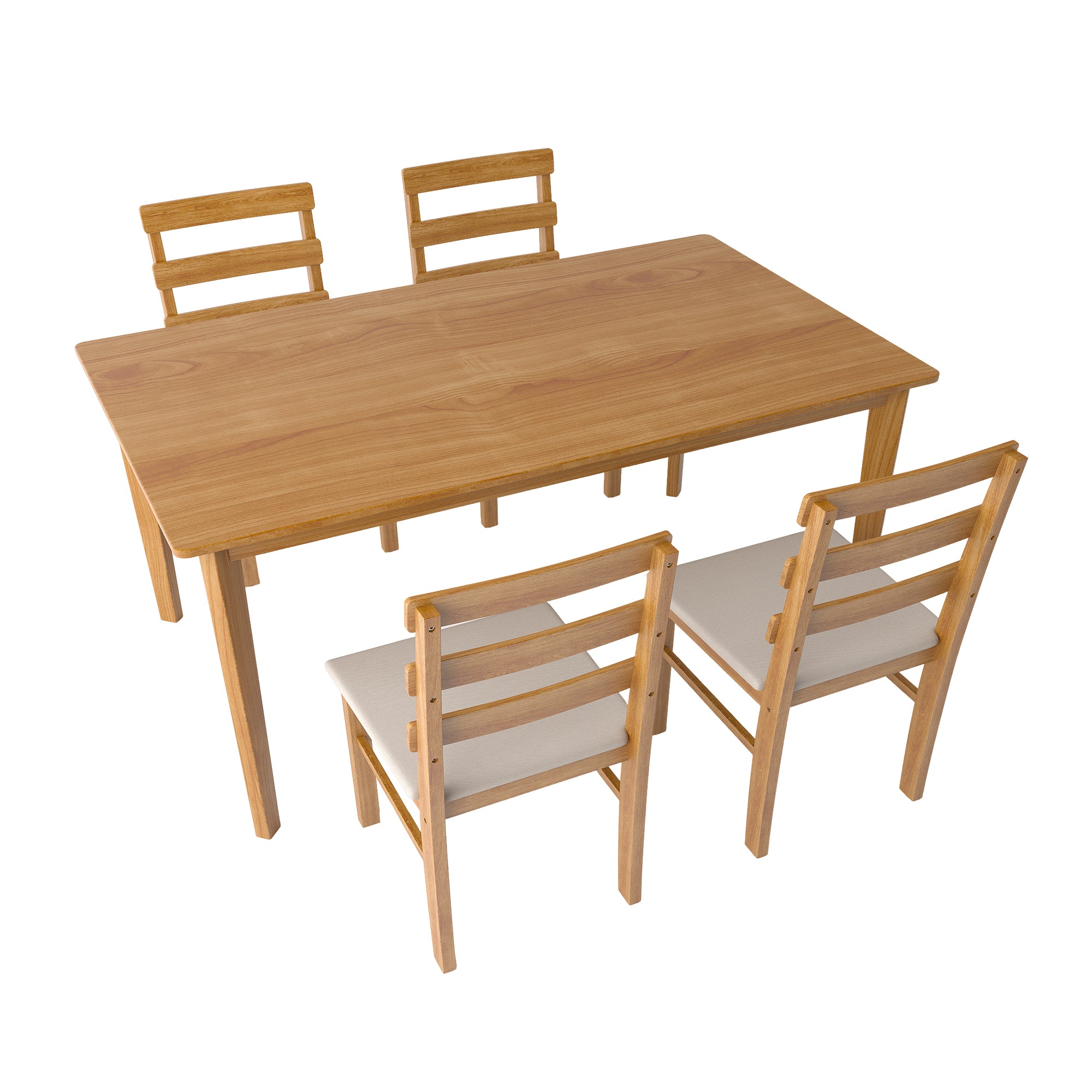 Angled top view of Solid Wood Dining Table Set - 4 Chairs, highlighting sturdy build and natural wood grain finish.