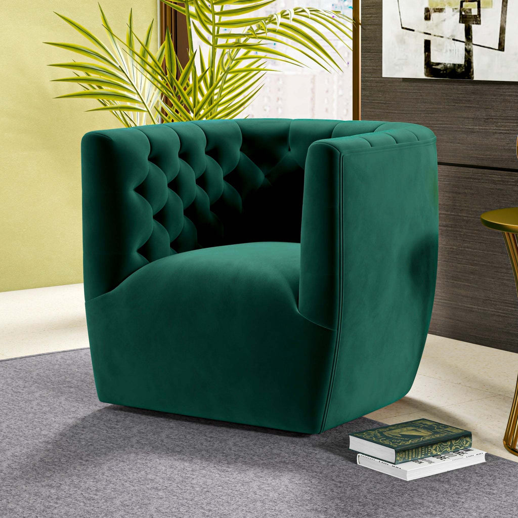 Delaney green velvet swivel accent chair featuring a plush, tufted barrel back design in a contemporary style.