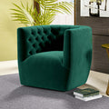 Delaney green velvet swivel accent chair featuring a plush, tufted barrel back design in a contemporary style.