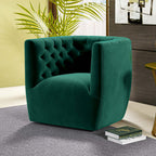 Delaney green velvet swivel accent chair featuring a plush, tufted barrel back design in a contemporary style.