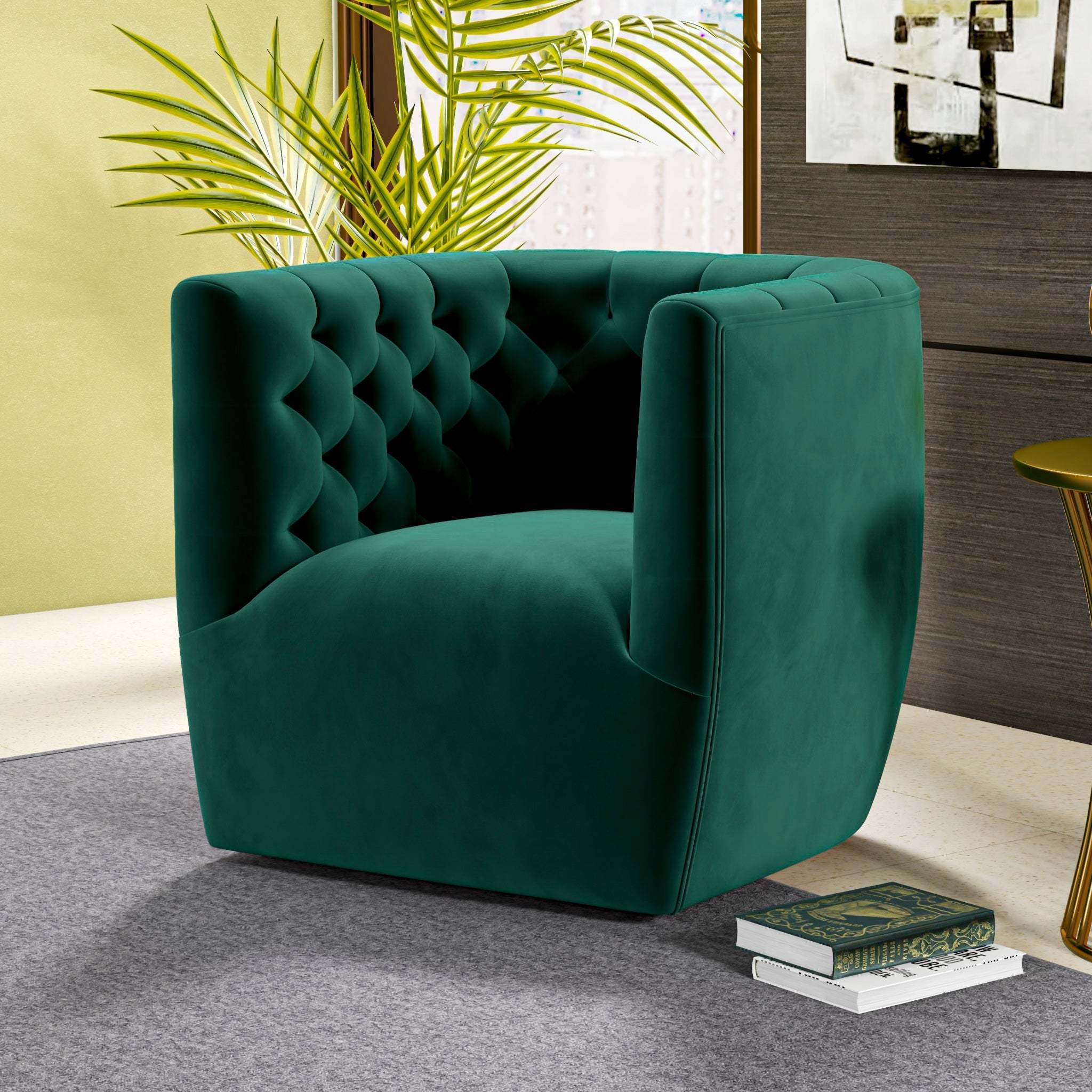 Delaney green velvet swivel accent chair featuring a plush, tufted barrel back design in a contemporary style.