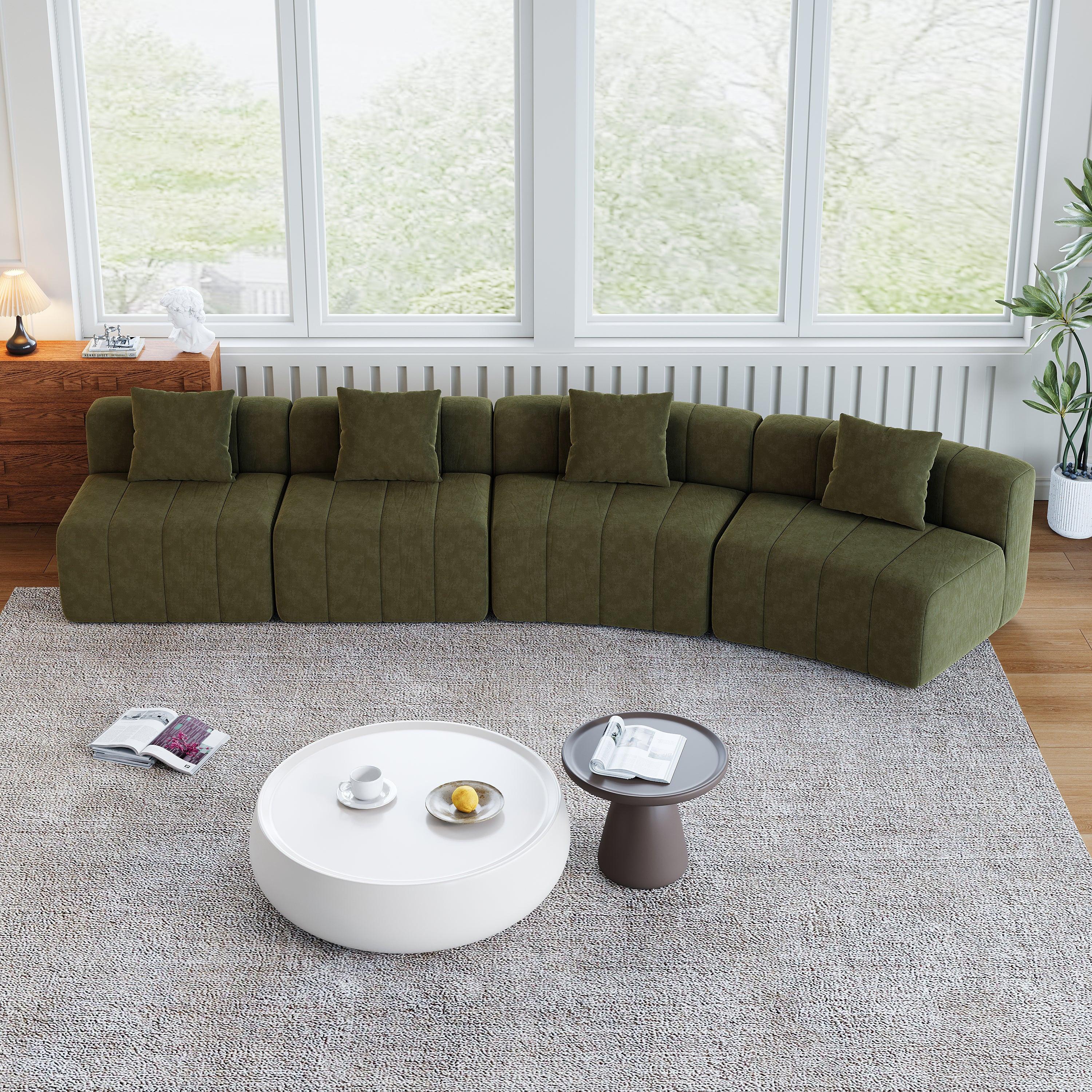 Curved Sectional Sofa with 4 Pillows for Comfortable Seating.