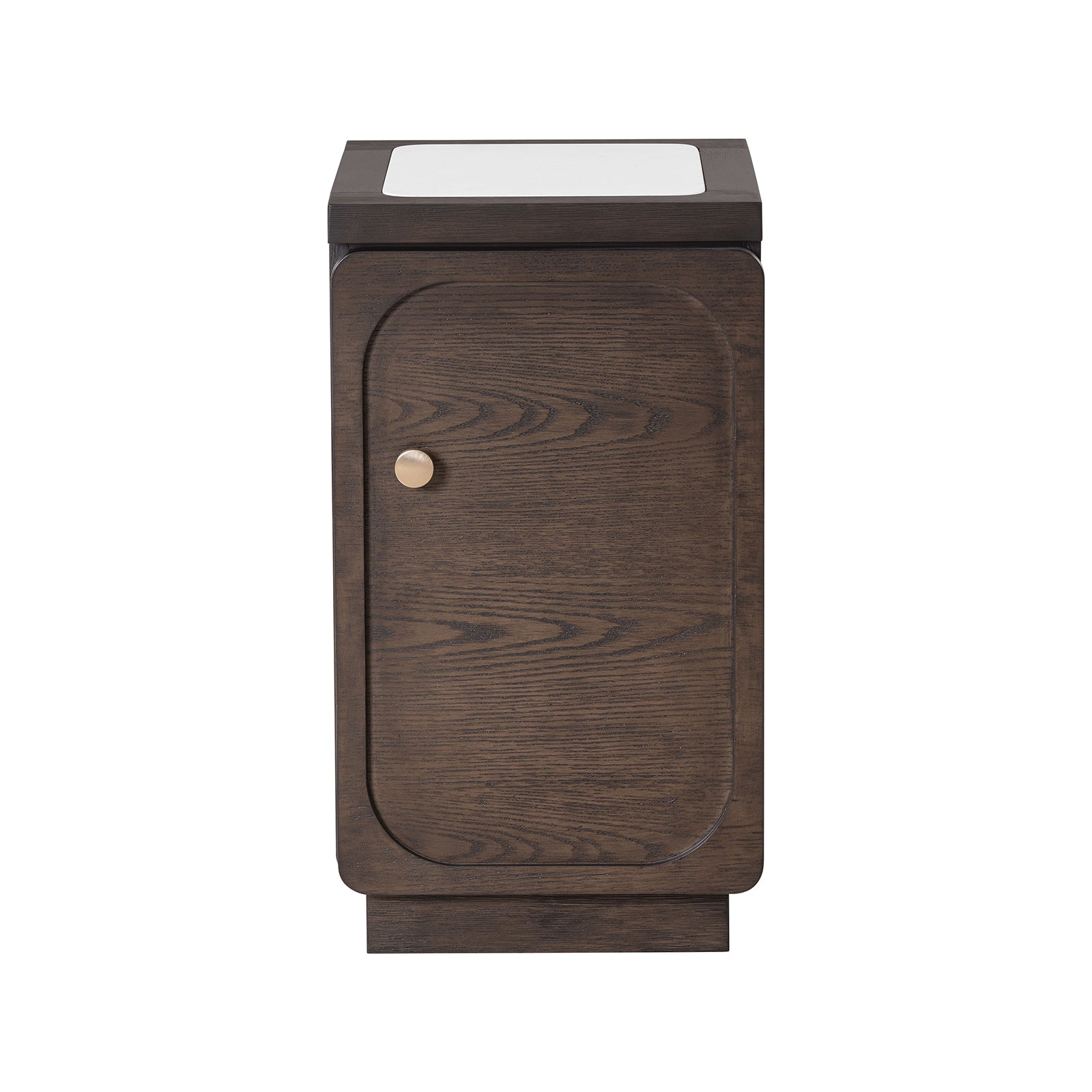 Front view of Compact Transitional Side Table with rounded door design and dark walnut finish, ideal for transitional interiors.