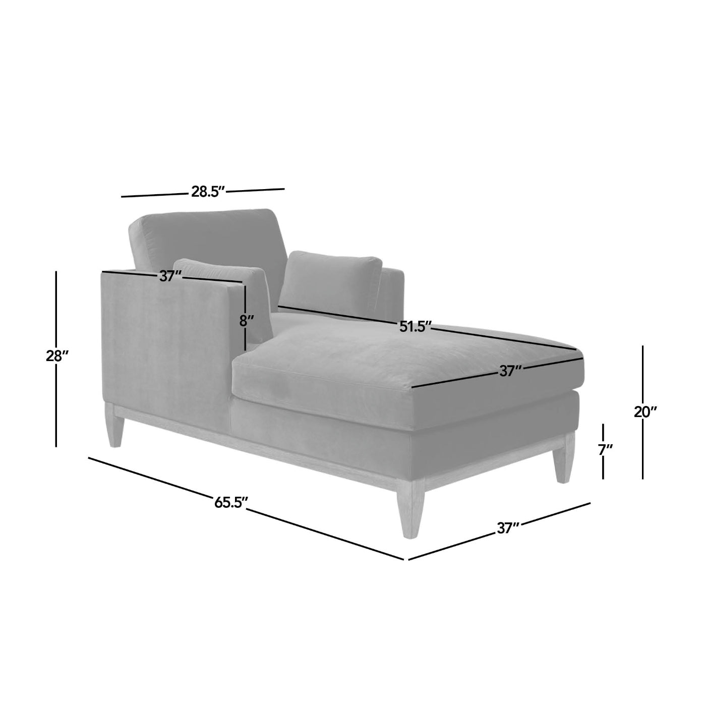 Labeled dimensions of Knox 65' Modern Farmhouse Chaise Lounge Chair in burnt orange velvet, ideal for furniture layout and space planning.