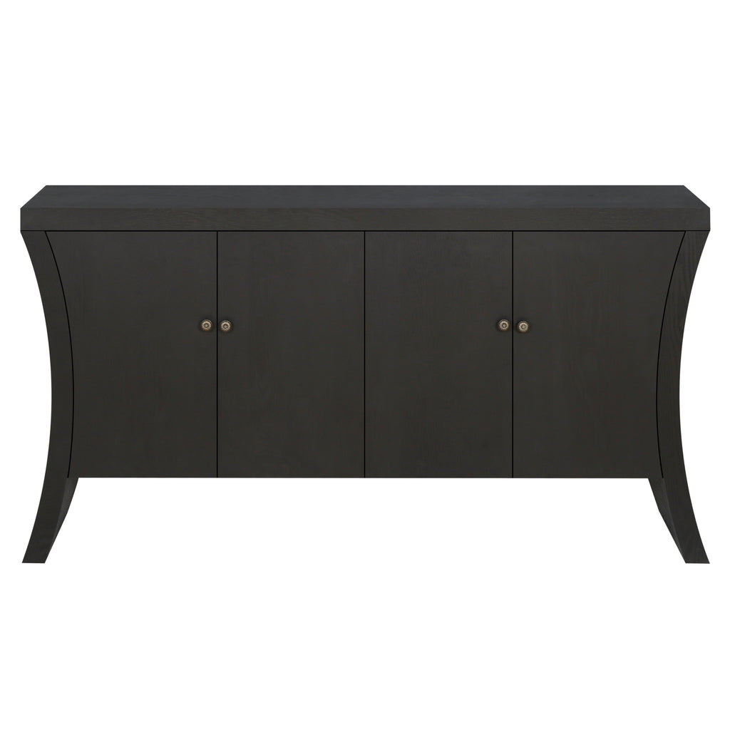 Refined Industrial 4-Door Credenza with Wooden Arc Legs & Bronze Clasps – Advanced Storage Design, Black MDF