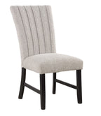Gray boucle dining chair with solid wood legs and vertical tufting, included in the Genuine Marble Dining Table Set.