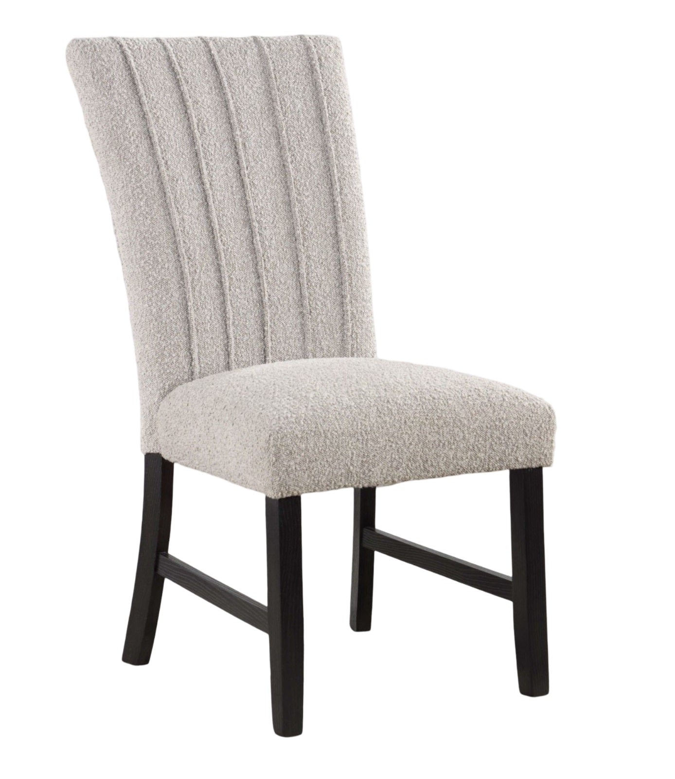 Gray boucle dining chair with solid wood legs and vertical tufting, included in the Genuine Marble Dining Table Set.