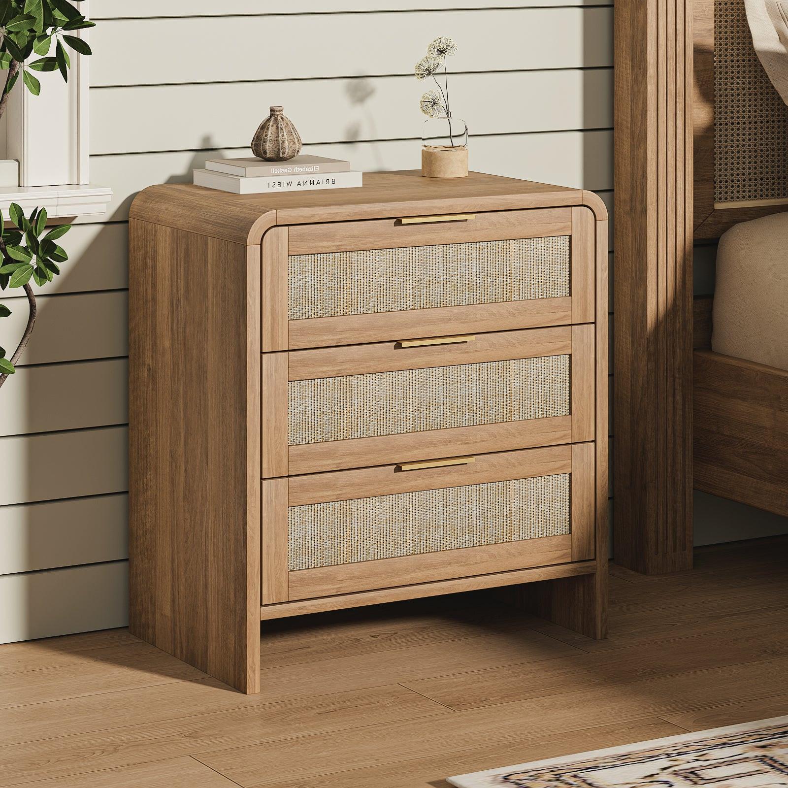 Rattan Nightstand with 3 Drawers for Modern Bedrooms.