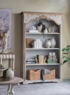 82-Inch Arched Wooden Bookshelf in Distressed White and Beige