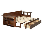 Queen Multifunctional Daybed frame fully opened to bed mode with visible drawer and adjustable armrests with storage.