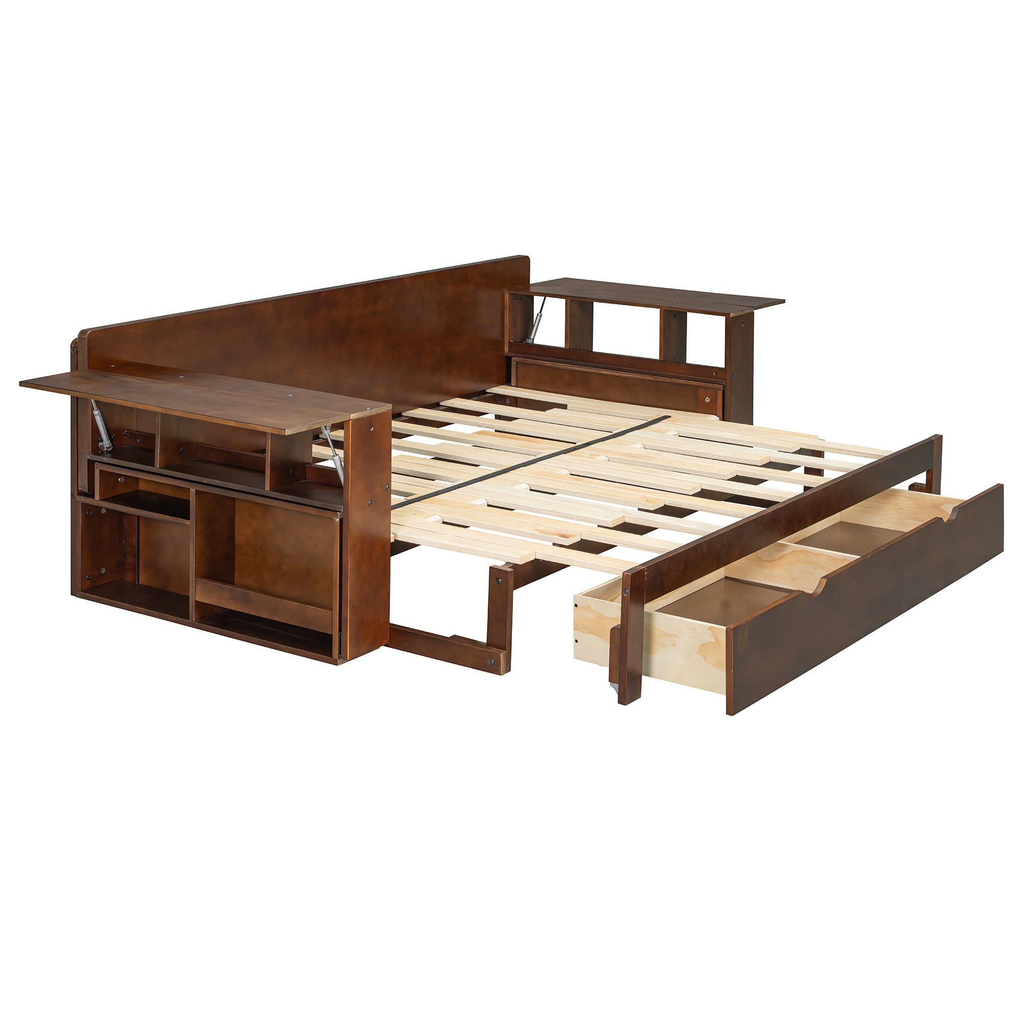 Queen Multifunctional Daybed frame fully opened to bed mode with visible drawer and adjustable armrests with storage.