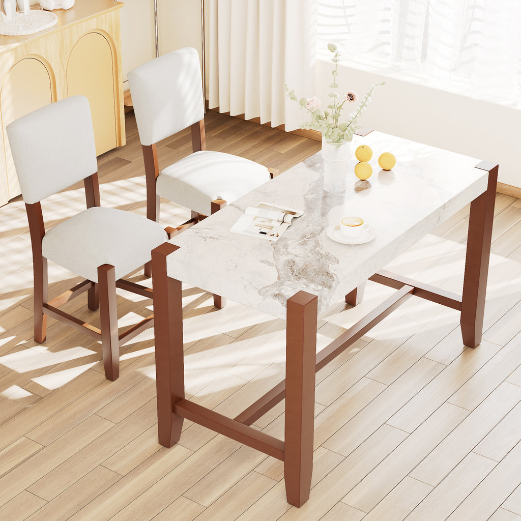 3-Piece Counter Height Dining Table Set for 2, Faux Marble Bar Table and 2 Upholstered-Seat Chairs, Mid-century Modern Dining Set for Dining Room, Pub Kitchen, Small Place