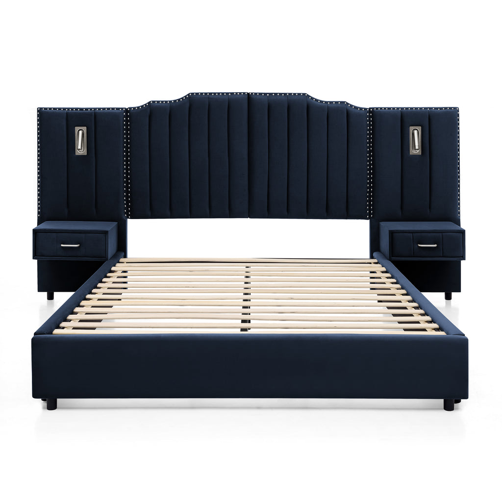Queen upholstered bed frame velvet with navy tufted headboard, slatted base, and built-in nightstands with lights on white background.