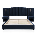 Queen upholstered bed frame velvet with navy tufted headboard, slatted base, and built-in nightstands with lights on white background.