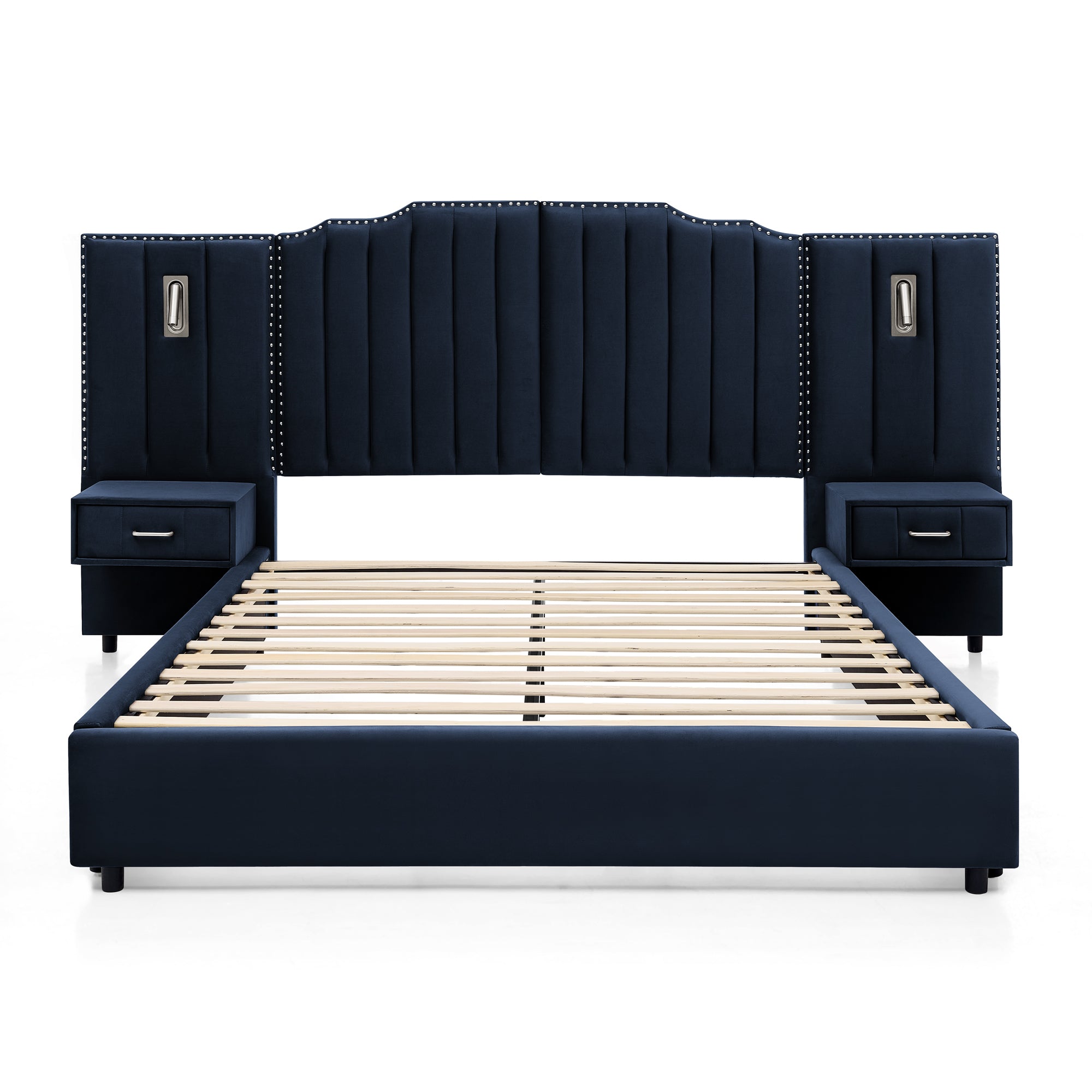 Queen upholstered bed frame velvet with navy tufted headboard, slatted base, and built-in nightstands with lights on white background.