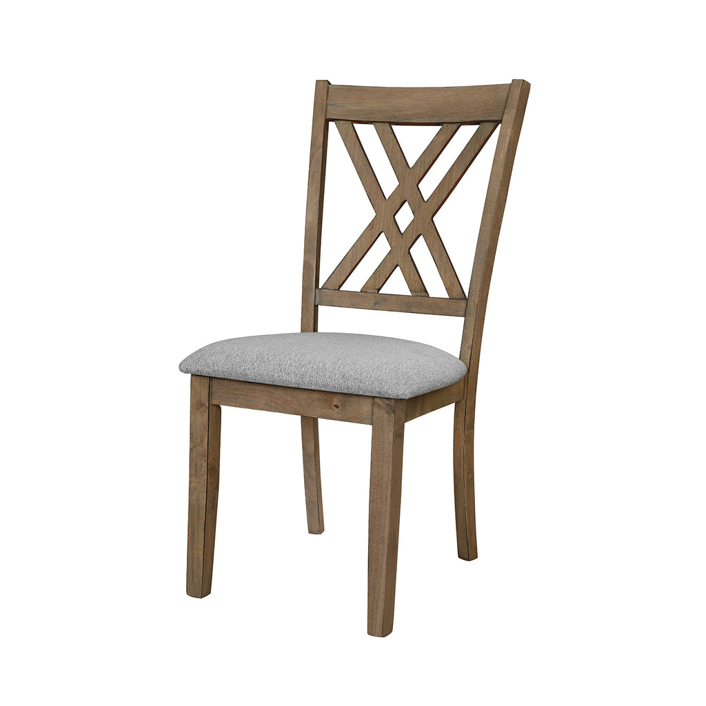 Three-quarter view of Amador Dining Chair showcasing its stylish cross back and gray upholstered seat.