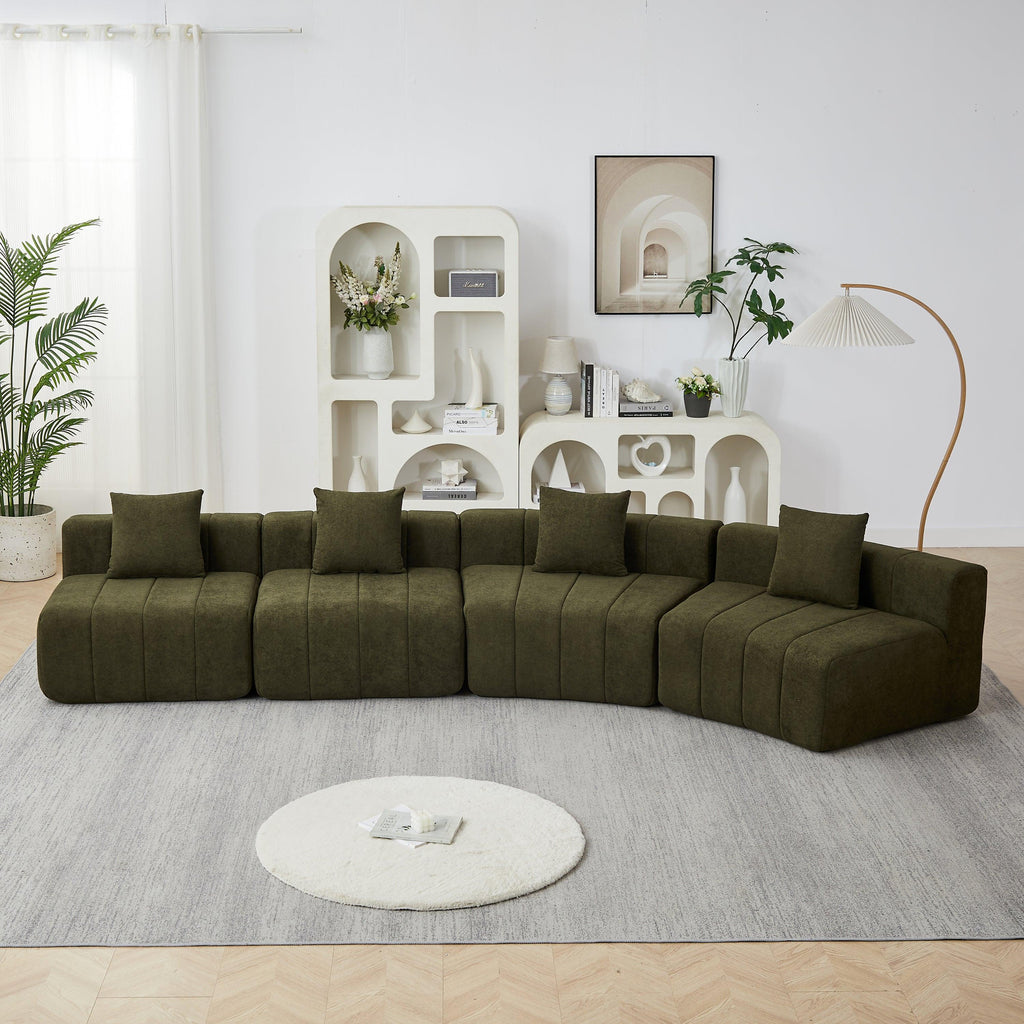 Curved Sectional Sofa with 4 Pillows for Comfortable Seating.