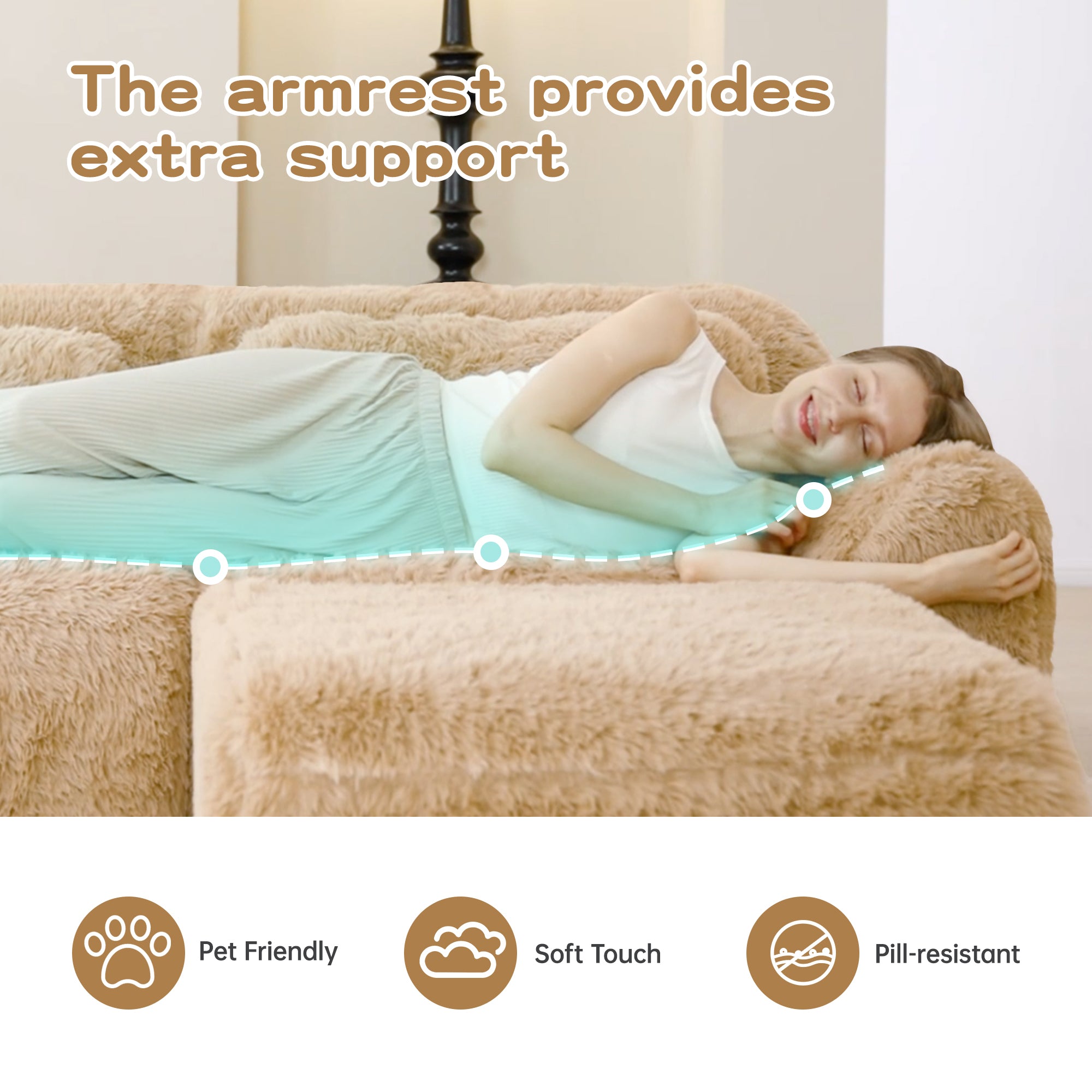 Woman lying on plush modular sofa with supportive armrest, highlighting pet-friendly, soft touch, and pill-resistant features.