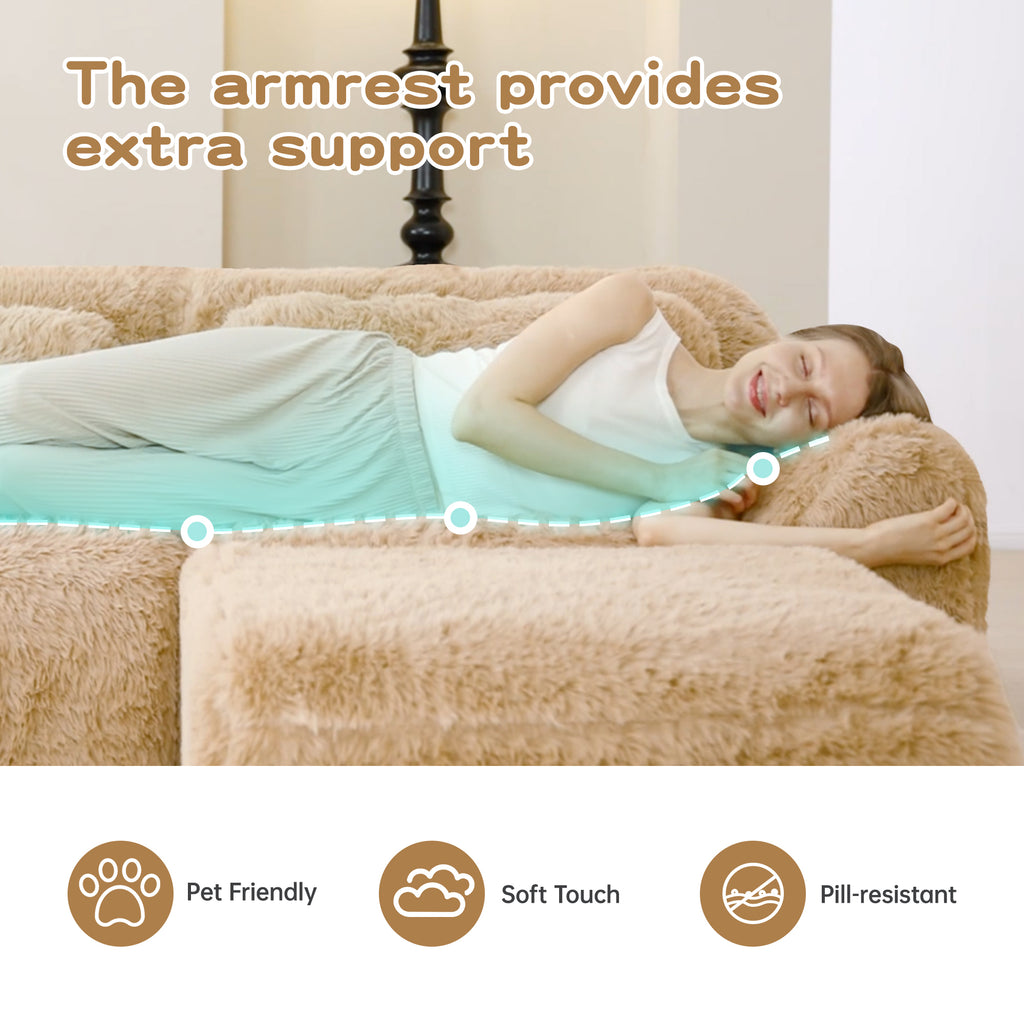 Woman lying on plush 2-seater modular sofa with armrest support, highlighting pet-friendly and soft-touch features.