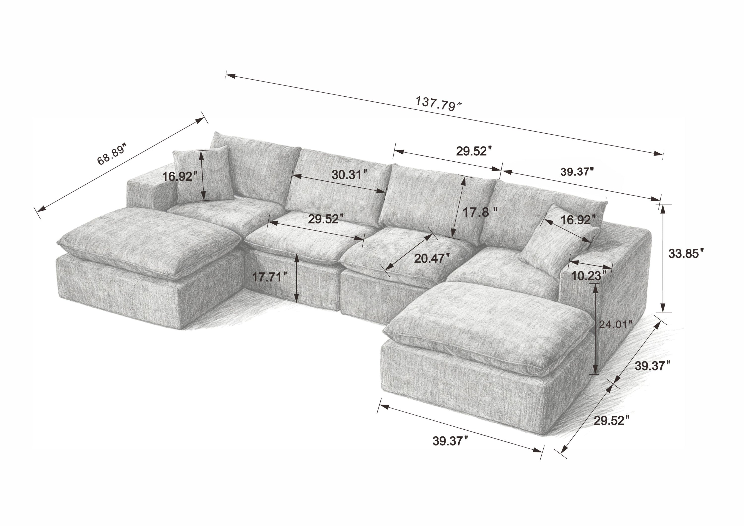 Dimension diagram of Chenille Cloud Sofa with detailed measurements, illustrating its modular layout and spacious seating for modern homes.