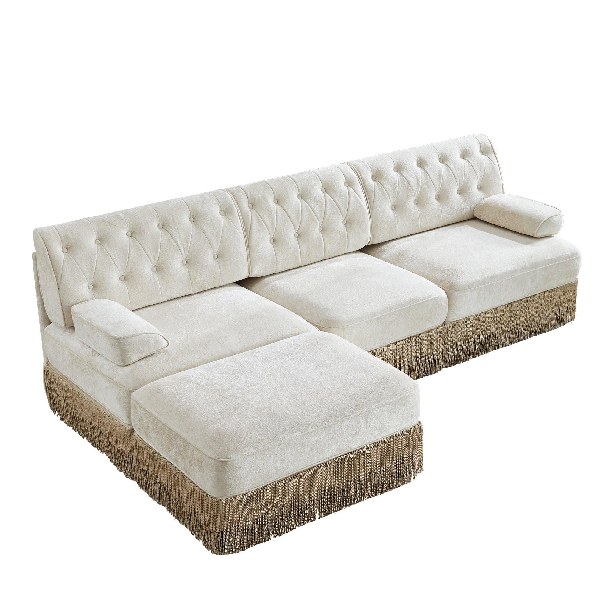 Modular Sectional Sofa in Beige with Button Tufting.