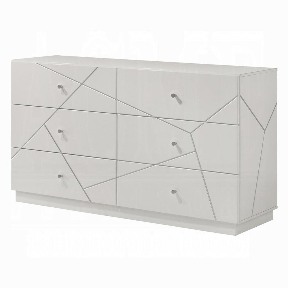 Modern White Dresser with 6 Drawers and Embossed Lines.