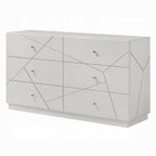 Modern White Dresser with 6 Drawers and Embossed Lines.