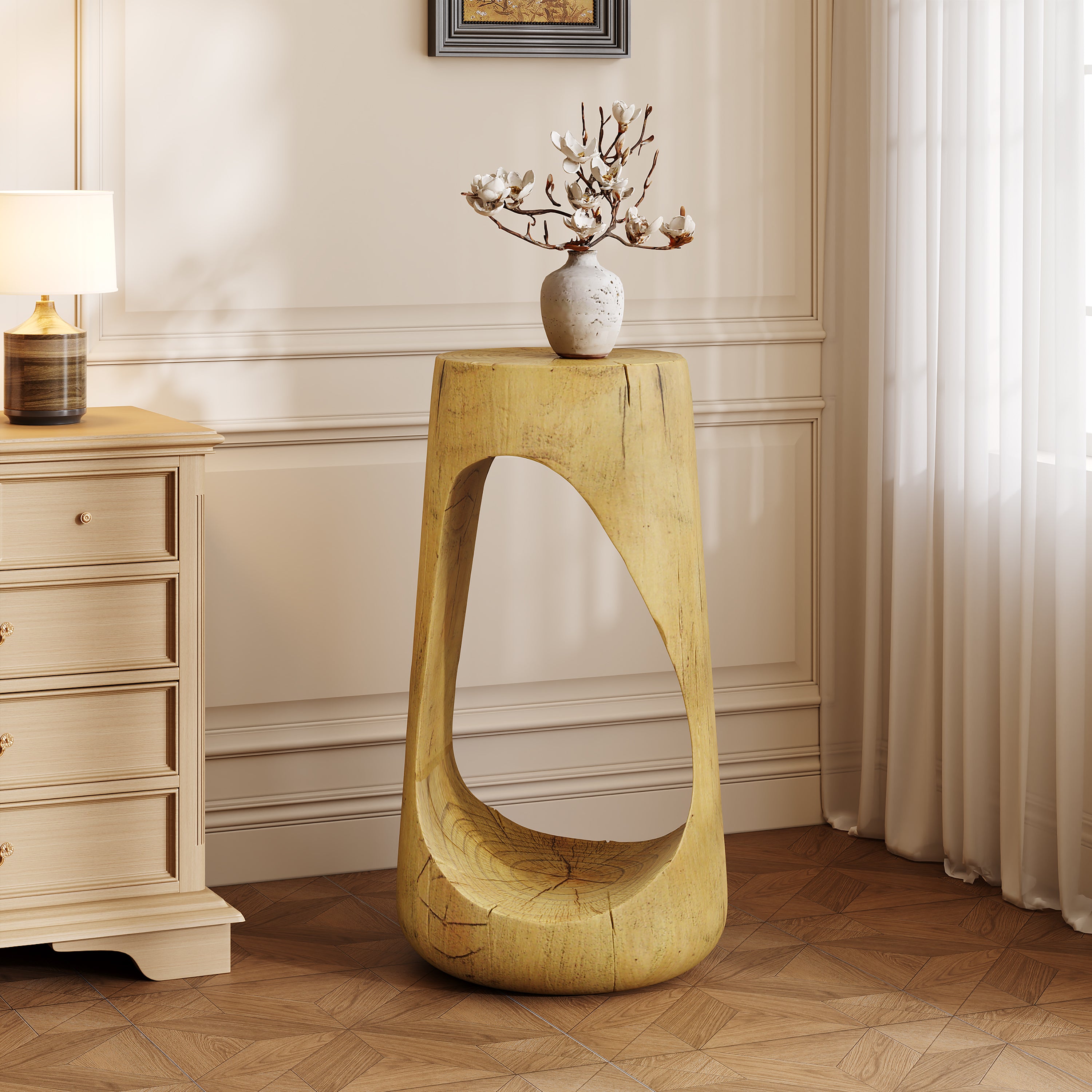 Natural Hollow Design Concrete Outdoor Side Table, 26.5 Inch Height