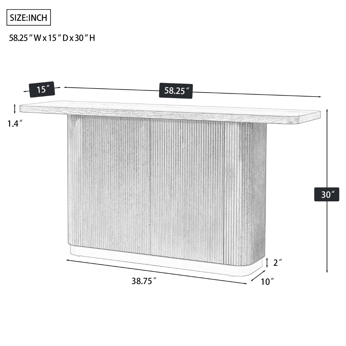 Dimension diagram of modern console table with ash veneer top and metal accent. Measures 58.25”W x 15”D x 30”H, ideal for entryways.