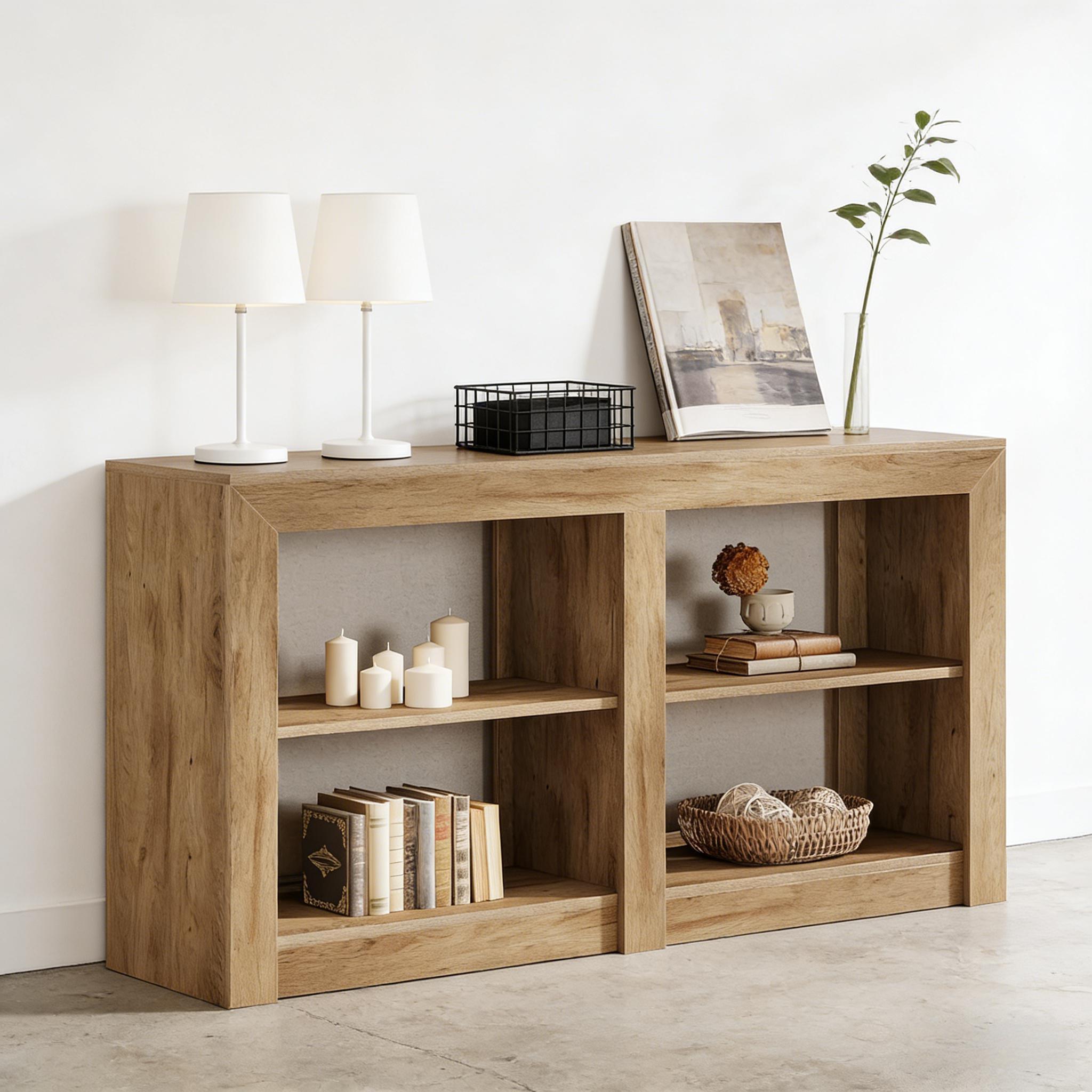 Modern oak-finish console table with two open sections, each featuring a middle shelf for versatile storage and display.