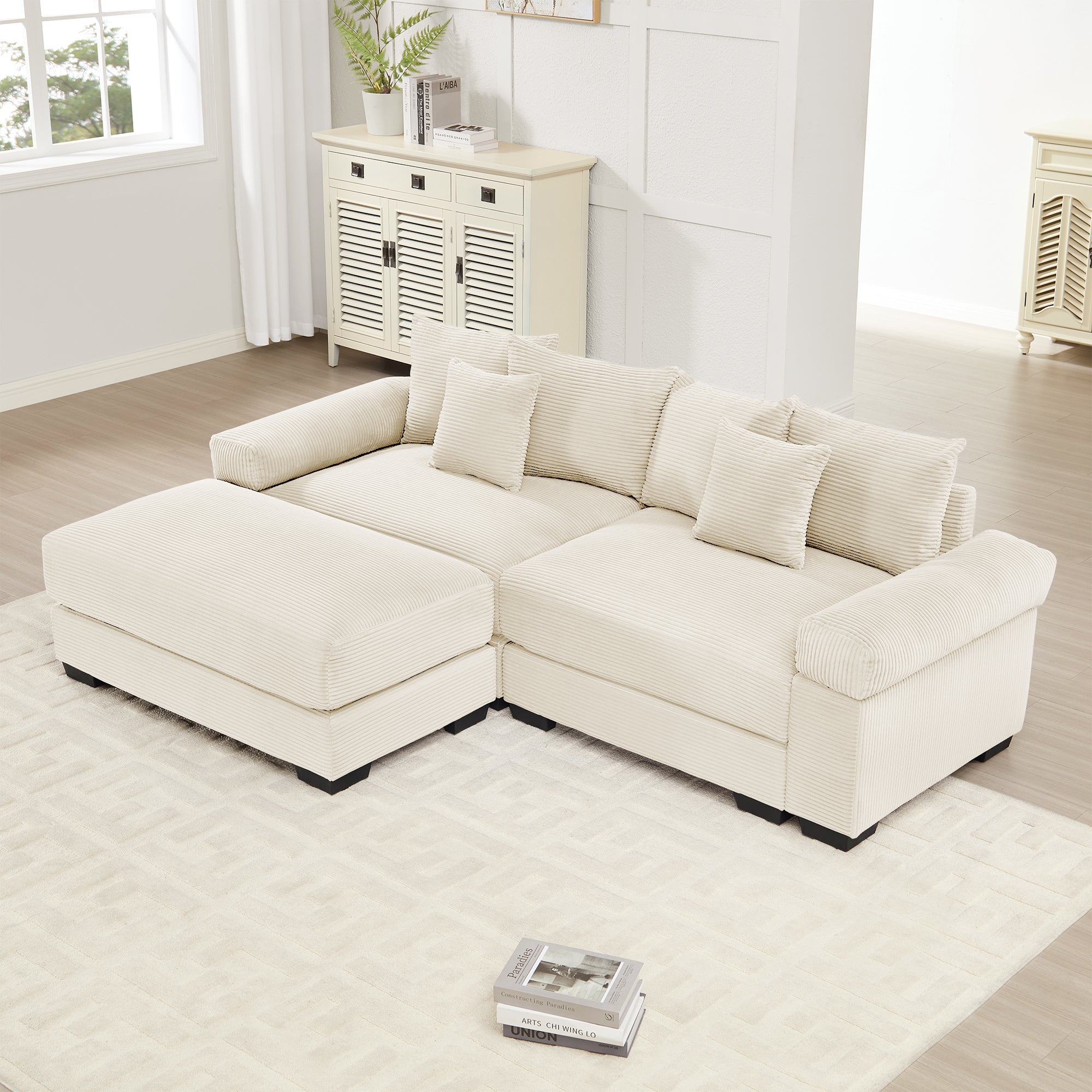 Cream Corduroy 83-Inch Oversized L-Shape Sectional with Ottoman