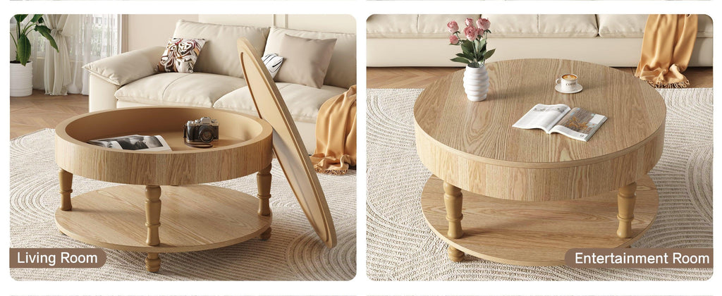 Coffee Table with Dual Storage for Living Room, 31.5' Modern Round Coffee Table with Storage and Hidden Compartment, Adjustable Leveling Feet, Easy Assembly(Natrual Wood).