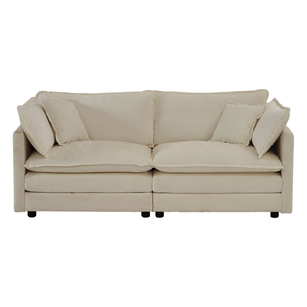 Front view of 2-seat unit from beige chenille sectional sofa. Includes four pillows and deep seating for comfort.