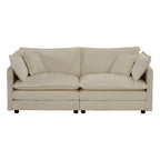 Front view of 2-seat unit from beige chenille sectional sofa. Includes four pillows and deep seating for comfort.